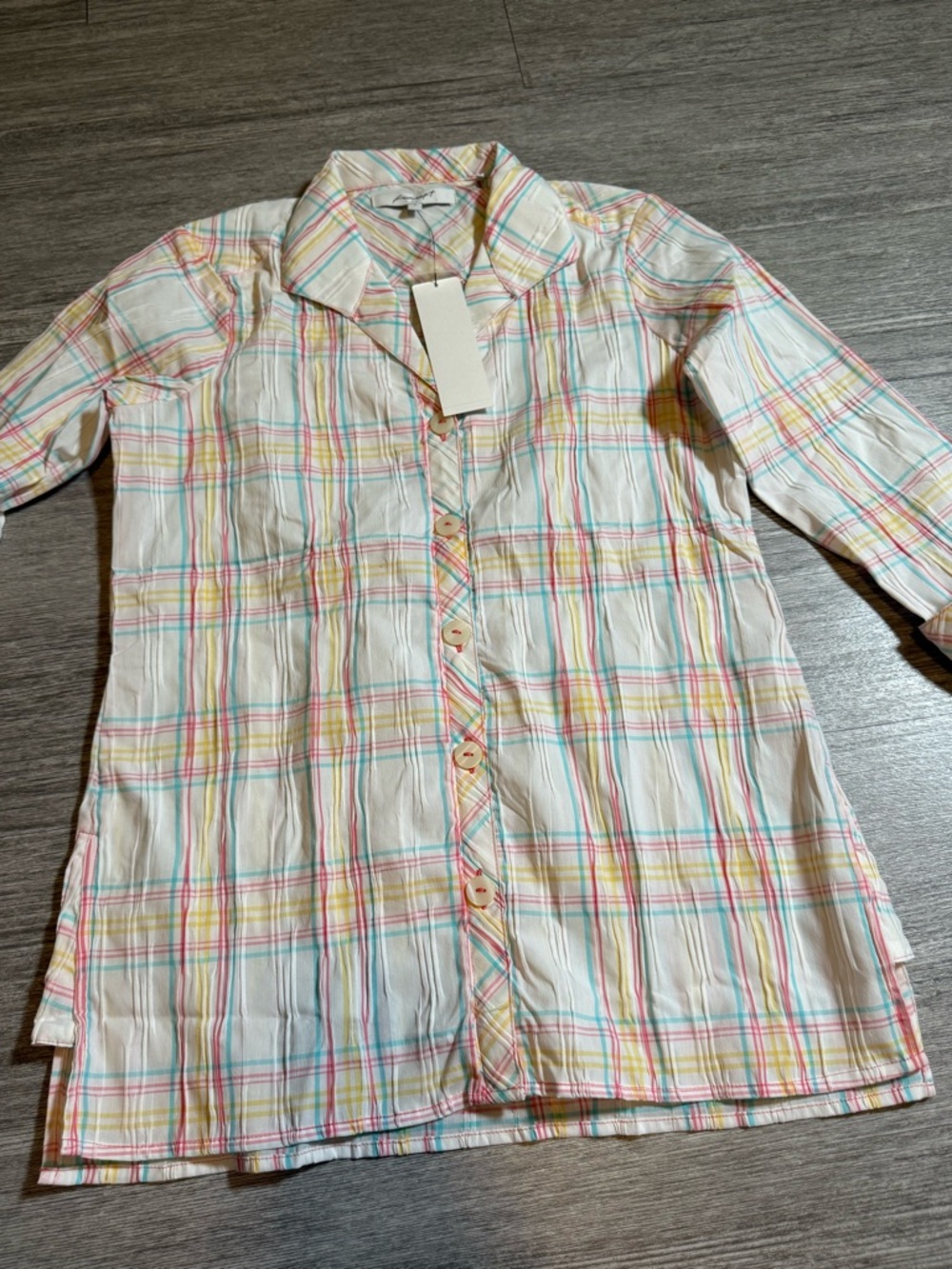 Foxcroft‎ NYC Rhett Plaid Shirt Pastel Preppy Coastal Grandma Stretch NWT 4
